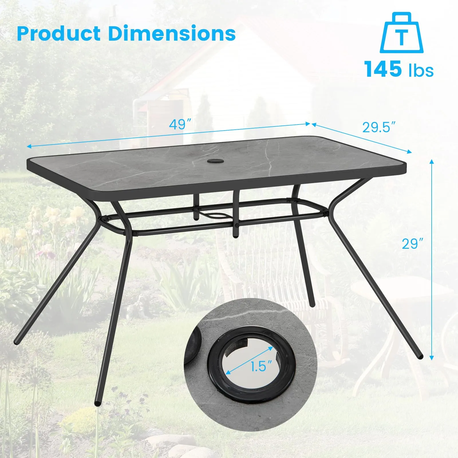 Tangkula Patio Rectangle Dining Table, 49"x 29.5"Outdoor Table with Umbrella Hole