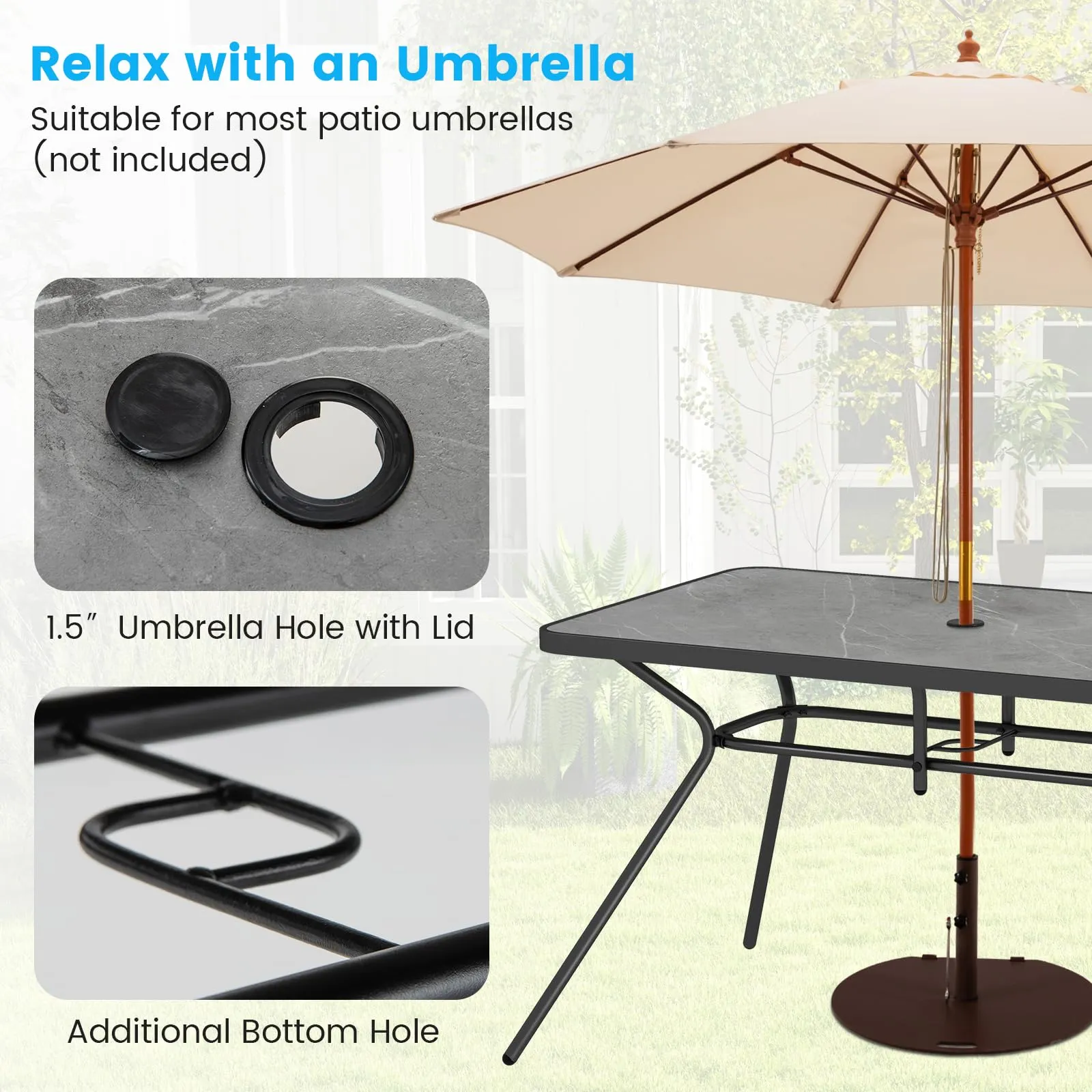 Tangkula Patio Rectangle Dining Table, 49"x 29.5"Outdoor Table with Umbrella Hole