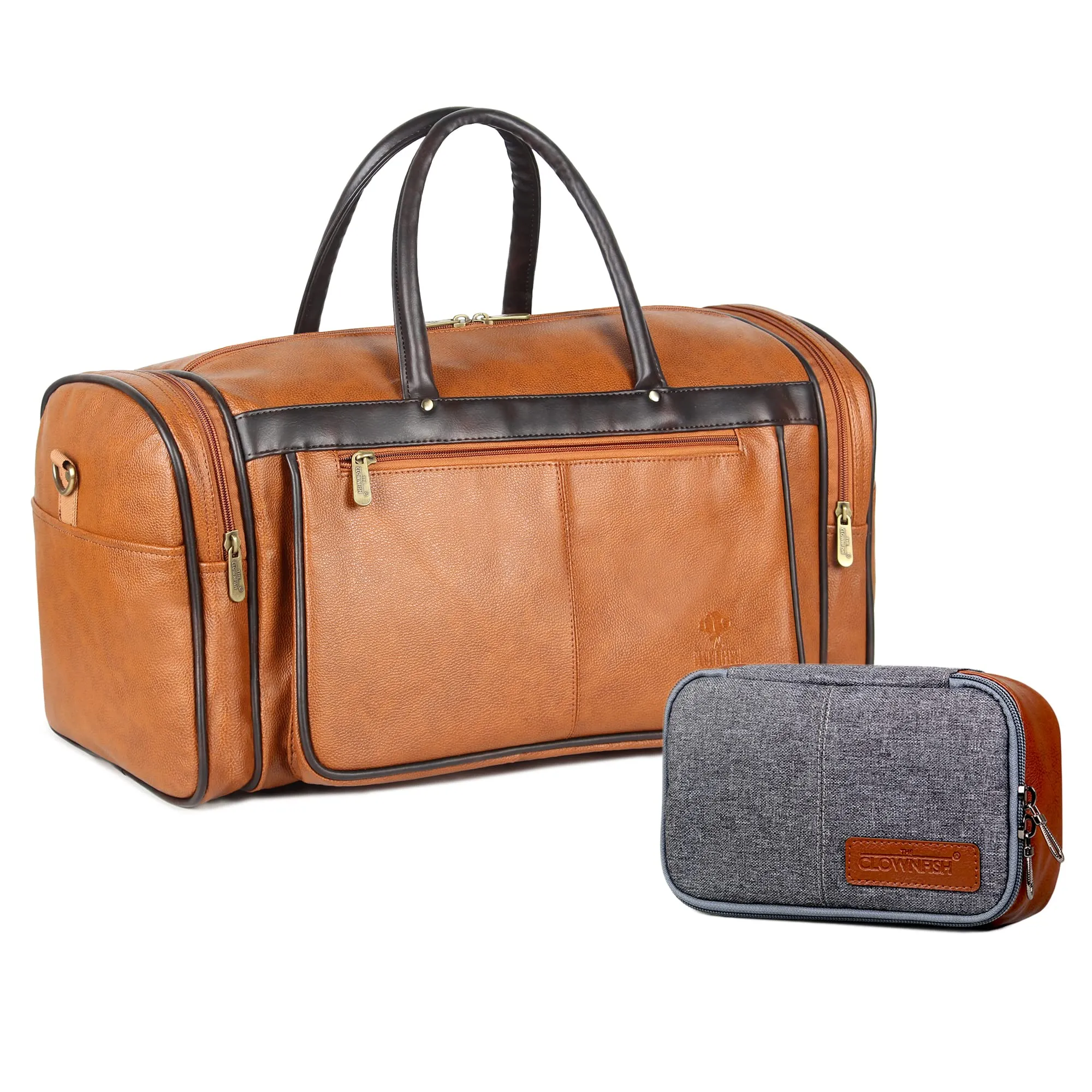 The Clownfish Combo of Milo 38 litres Faux Leather Travel Duffle Bag (Tan) & The Clownfish Travel Pouch Toiletry Bag (Grey)