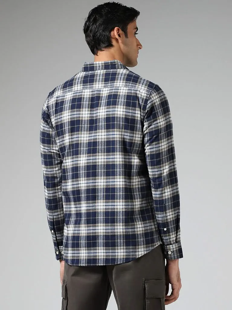 WES Casuals Navy Plaid Checked Cotton Relaxed-Fit Shirt