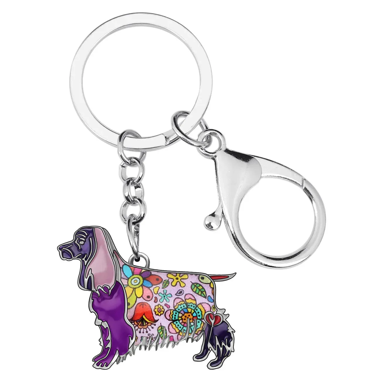 WEVENI Enamel Spaniel Dog Keychain - Metal Floral Fashion