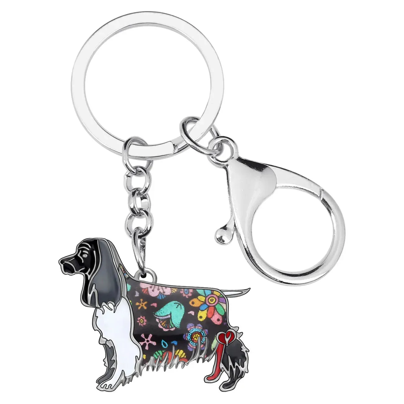 WEVENI Enamel Spaniel Dog Keychain - Metal Floral Fashion