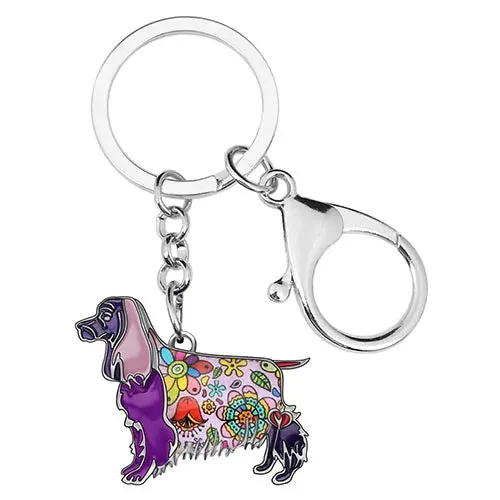 WEVENI Enamel Spaniel Dog Keychain - Metal Floral Fashion