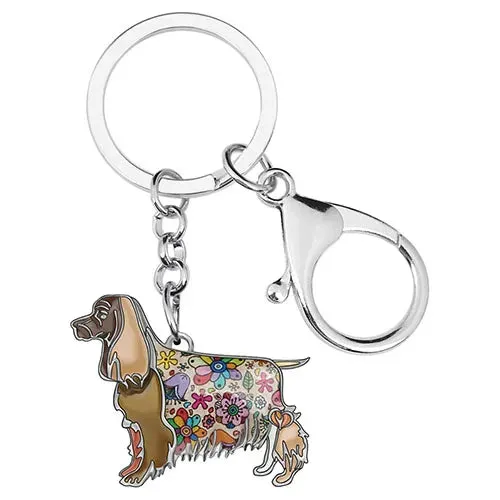 WEVENI Enamel Spaniel Dog Keychain - Metal Floral Fashion