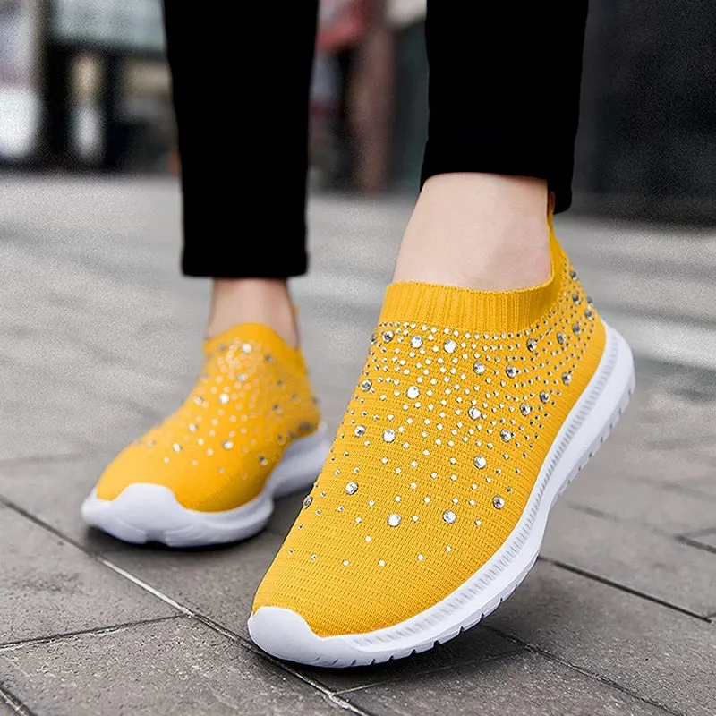 Womens Casual Fashion Rhinestone Breathable Slip On Sneakers