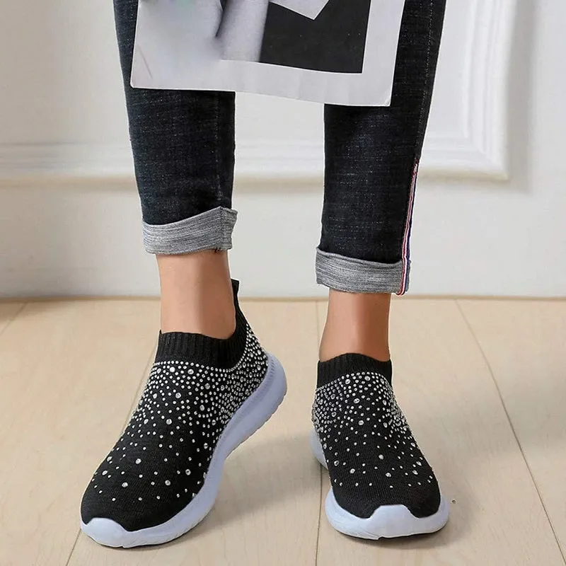 Womens Casual Fashion Rhinestone Breathable Slip On Sneakers