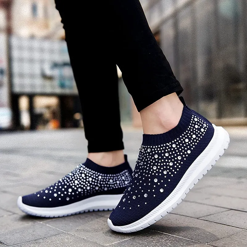 Womens Casual Fashion Rhinestone Breathable Slip On Sneakers