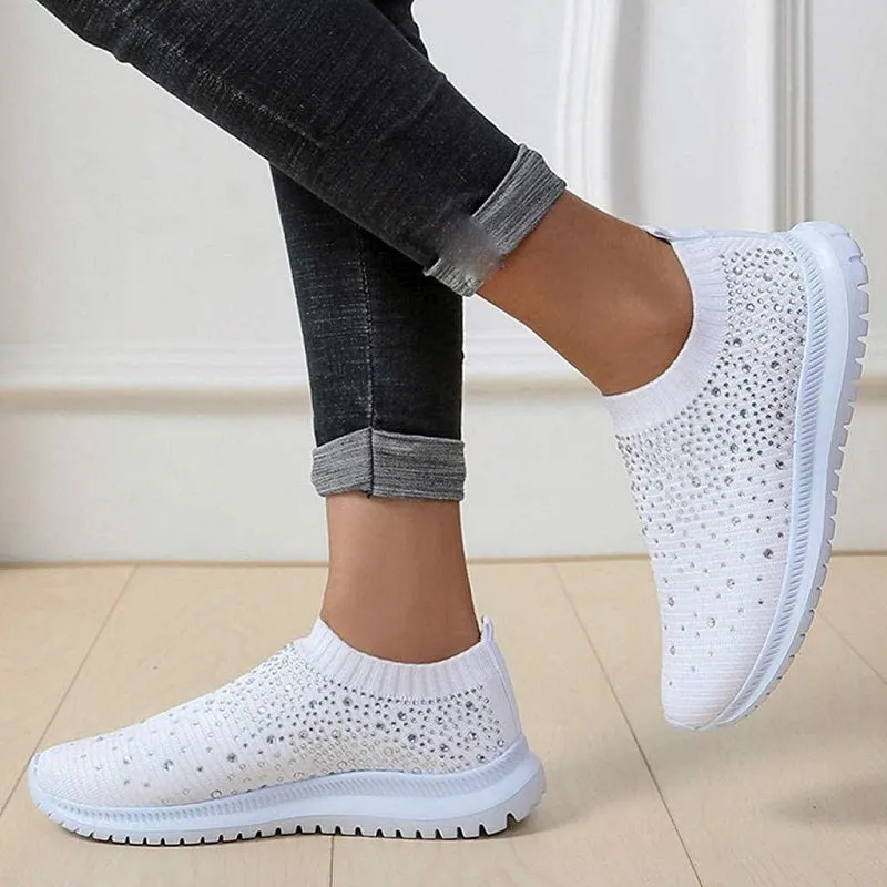 Womens Casual Fashion Rhinestone Breathable Slip On Sneakers