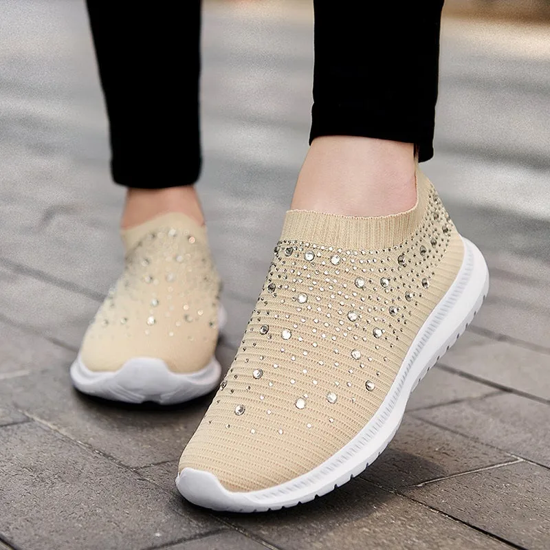 Womens Casual Fashion Rhinestone Breathable Slip On Sneakers