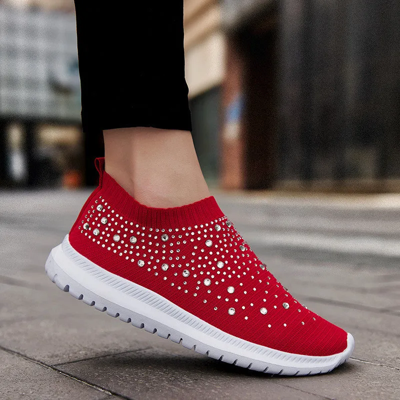 Womens Casual Fashion Rhinestone Breathable Slip On Sneakers