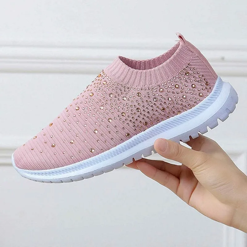 Womens Casual Fashion Rhinestone Breathable Slip On Sneakers