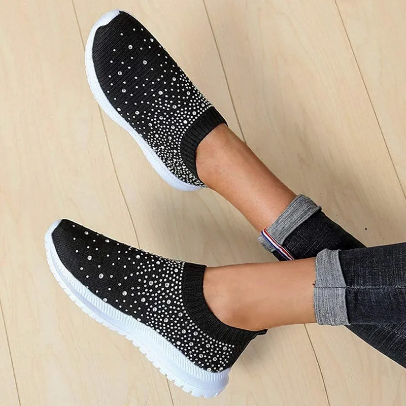 Womens Casual Fashion Rhinestone Breathable Slip On Sneakers