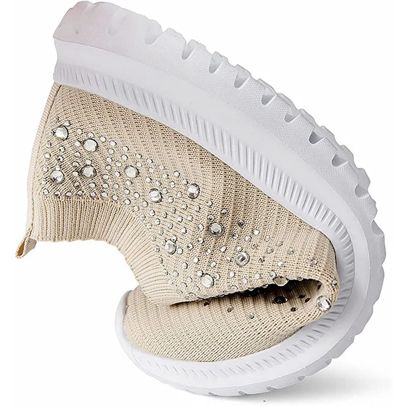 Womens Casual Fashion Rhinestone Breathable Slip On Sneakers