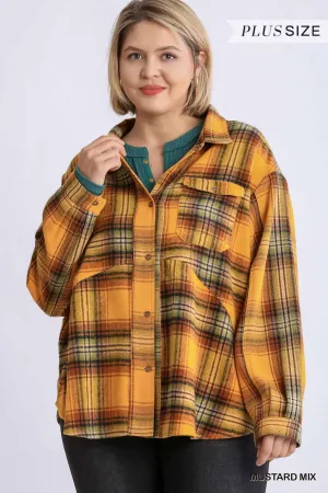 Women's Plus Plaid Collar Button Down Overshirt With Front Pockets